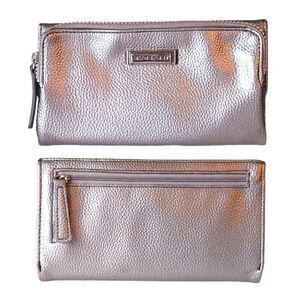 Tahari Metallic Silver Vegan Protective Lining 8" Trifold Wallet Clutch